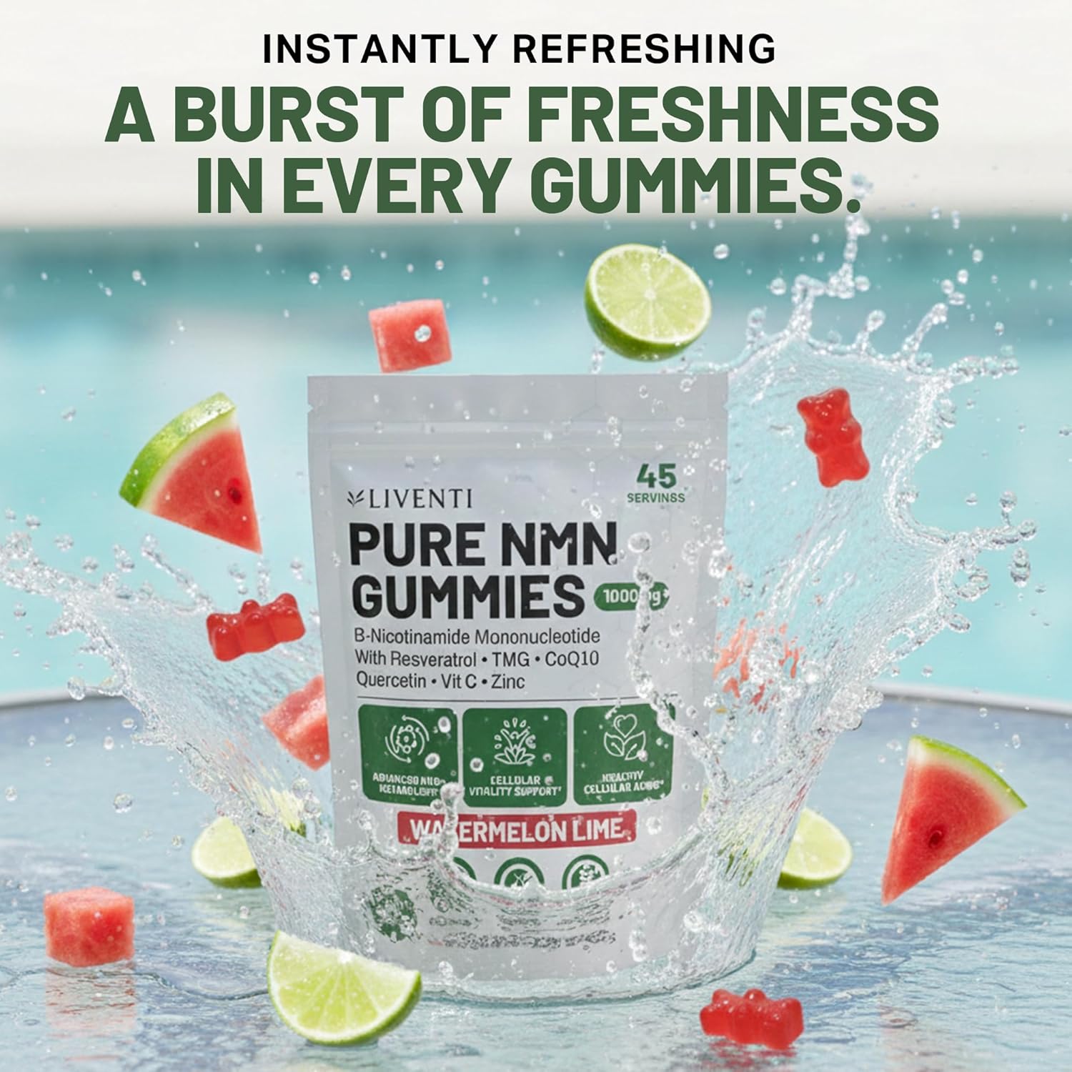 Pure NMN Gummies 1000mg – NAD+ Precursor Blend with Resveratrol, TMG, CoQ10, Quercetin & Vitamin C – Ideal for Energy, Healthy Aging, Daily Wellness, Vitality – Watermelon Lime, 90 Gummies